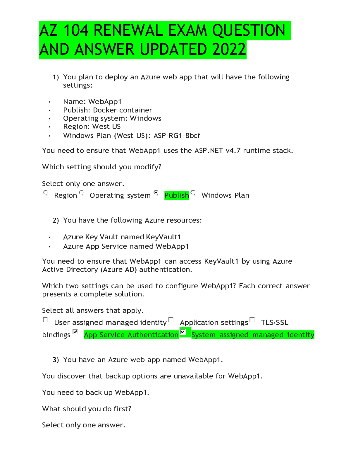 Preview image for AZ 104 RENEWAL EXAM QUESTION AND ANSWER UPDATED 2022